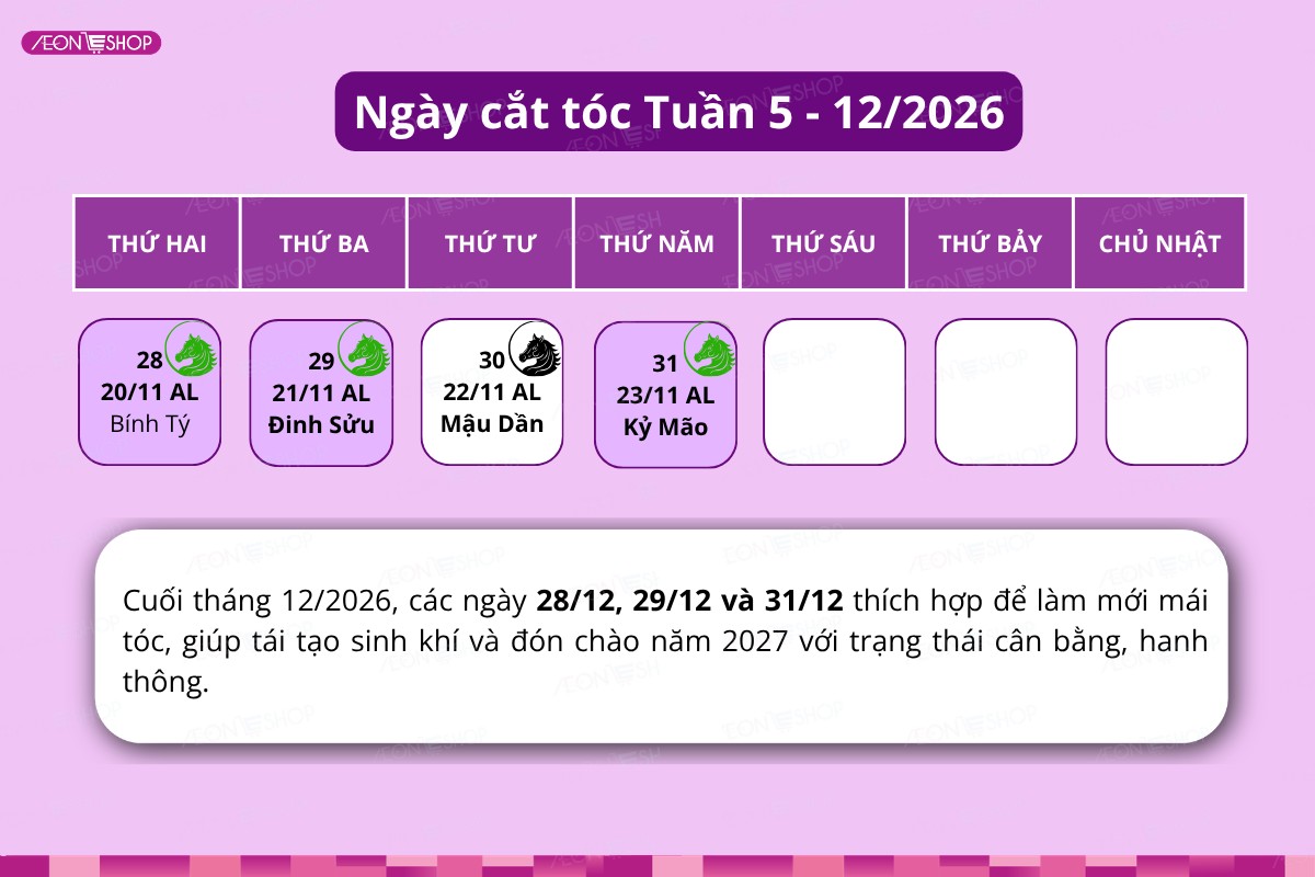 Lịch ngày cắt tóc tuần cuối tháng 12/2026 để đón chào năm mới
