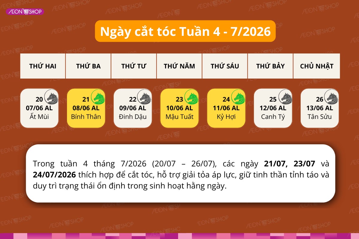 Thời điểm cắt tóc được khuyến nghị trong tuần 4 tháng 7/2026