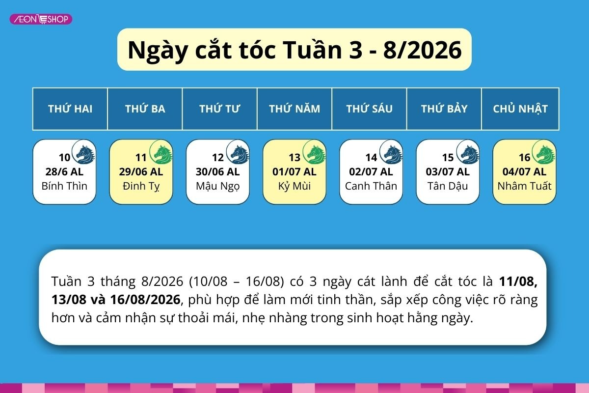 Gợi ý ngày cắt tóc phù hợp cho tuần 3 tháng 8/2026
