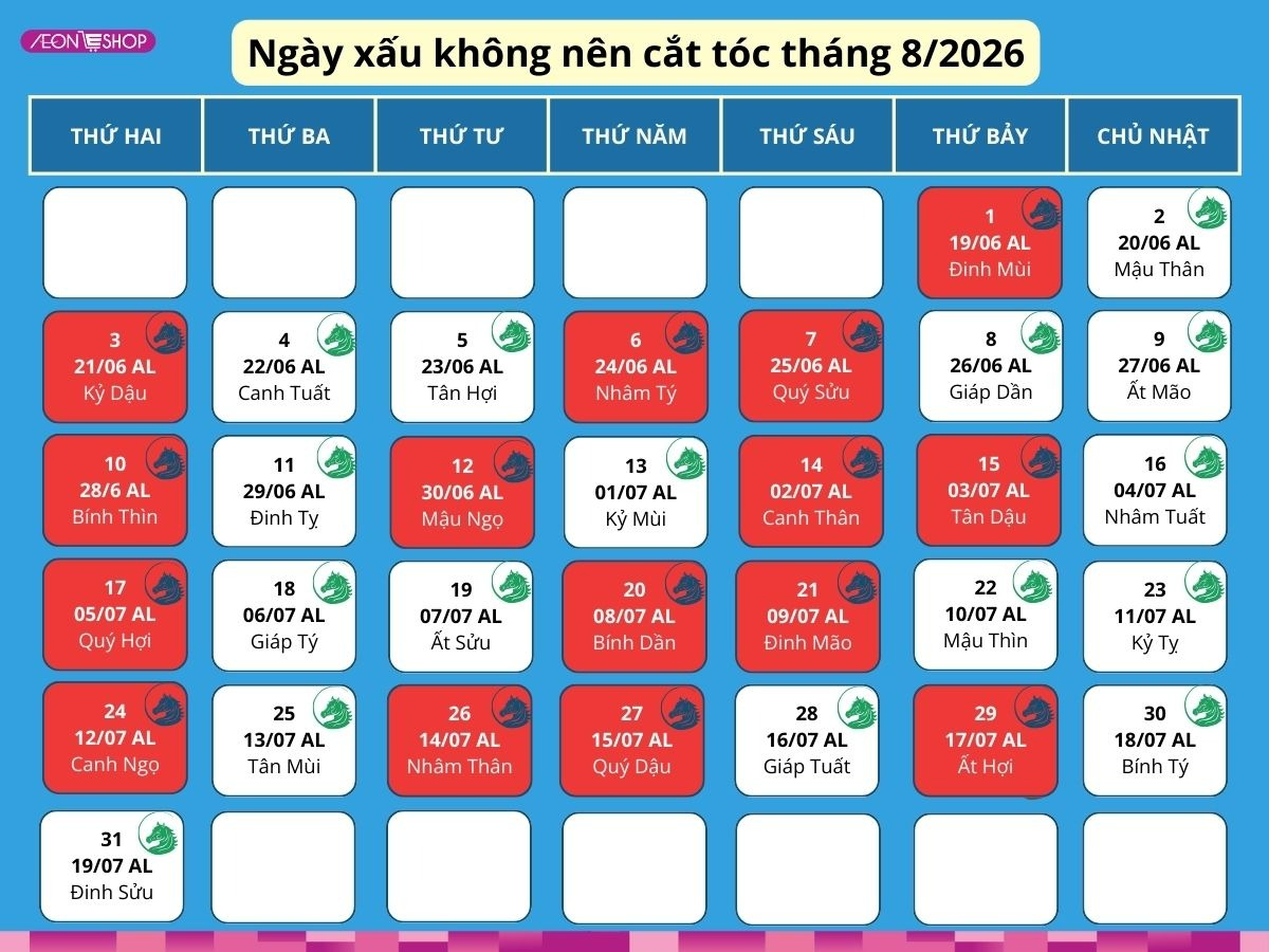 Lịch các ngày cần tránh cắt tóc trong tháng 8 năm 2026 theo lịch âm dương