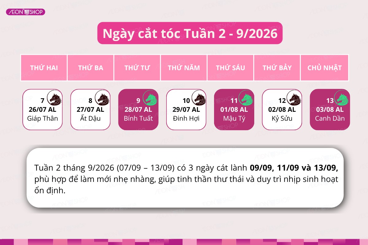 Lịch chọn ngày cắt tóc tuần 2 tháng 9/2026 theo từng ngày dương lịch