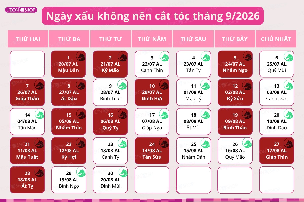 Lịch đánh dấu các ngày không phù hợp để cắt tóc trong tháng 9/2026 theo phong thủy