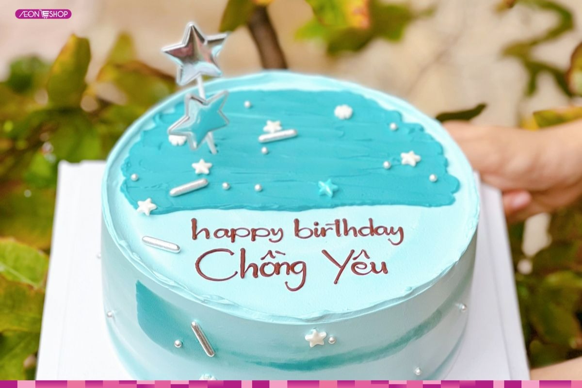 Bánh sinh nhật tặng chồng tone xanh đơn giản