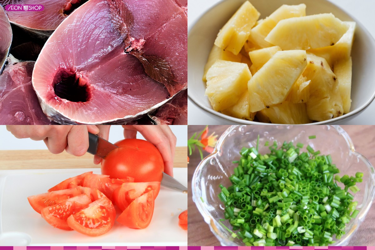 Sơ chế cá ngừ, thơm, cà chua và các nguyên liệu khác