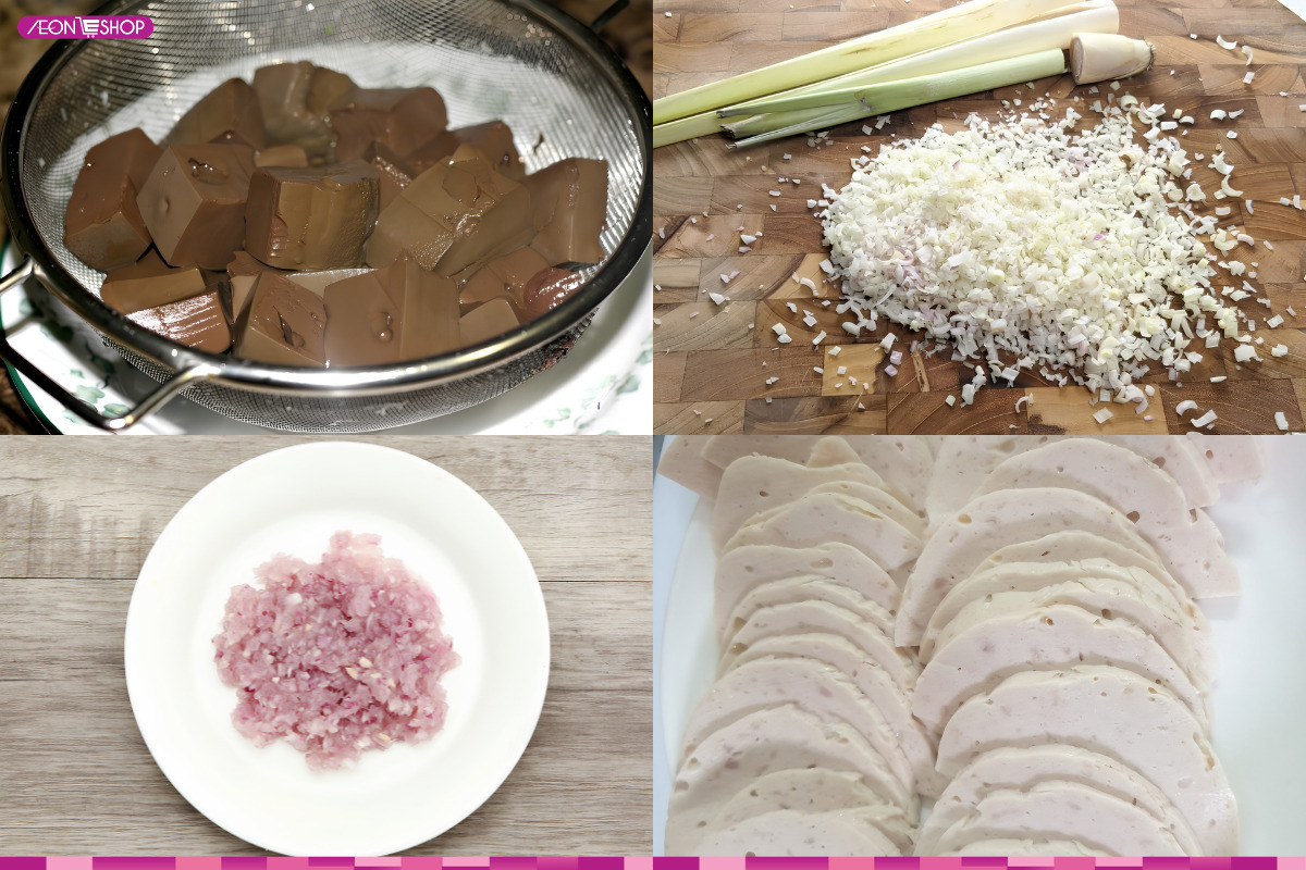 Sơ chế các xương, tiết heo, chả lụa và các loại rau