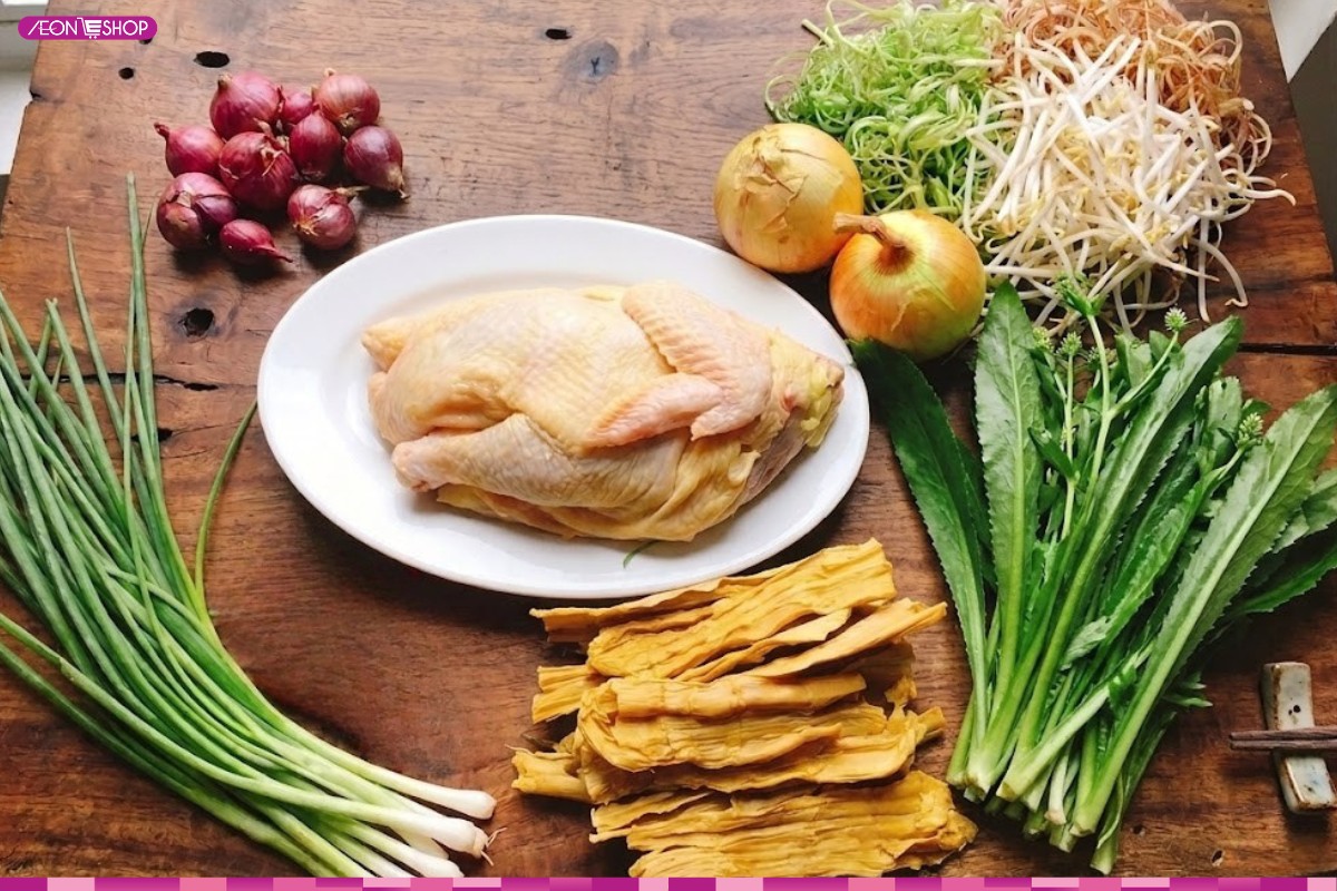 Các nguyên liệu nấu món bún măng gà