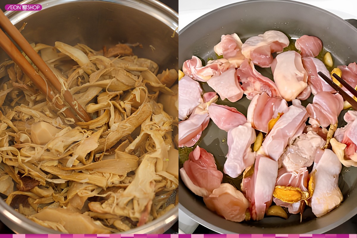 Xào măng khô và thịt gà