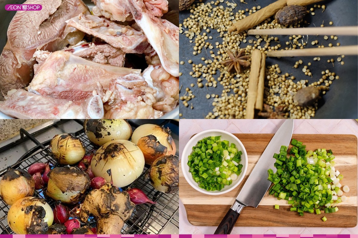 Sơ chế xương bò, thảo mộc và các loại rau củ