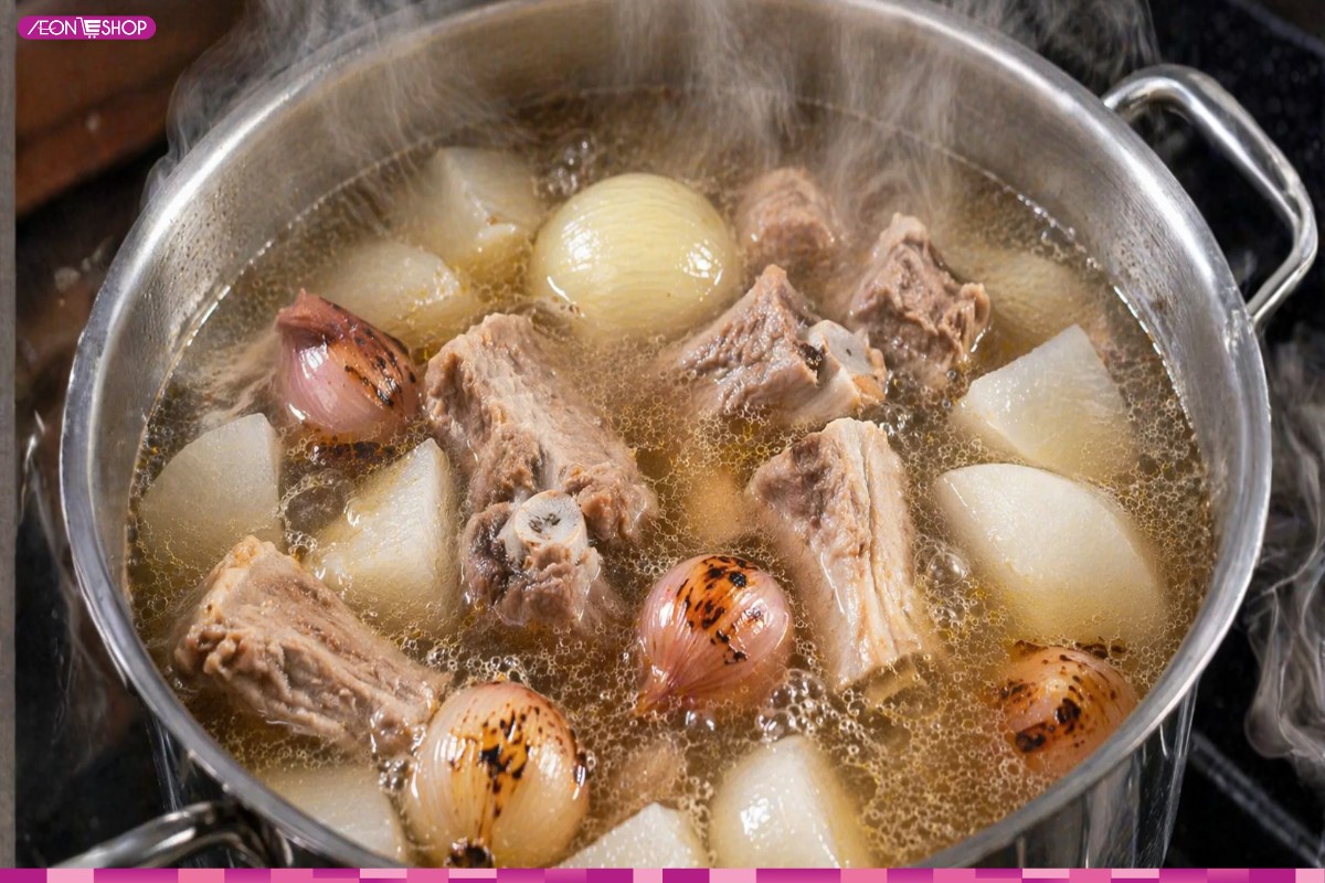 Hầm xương cùng củ cải và hành tím nướng