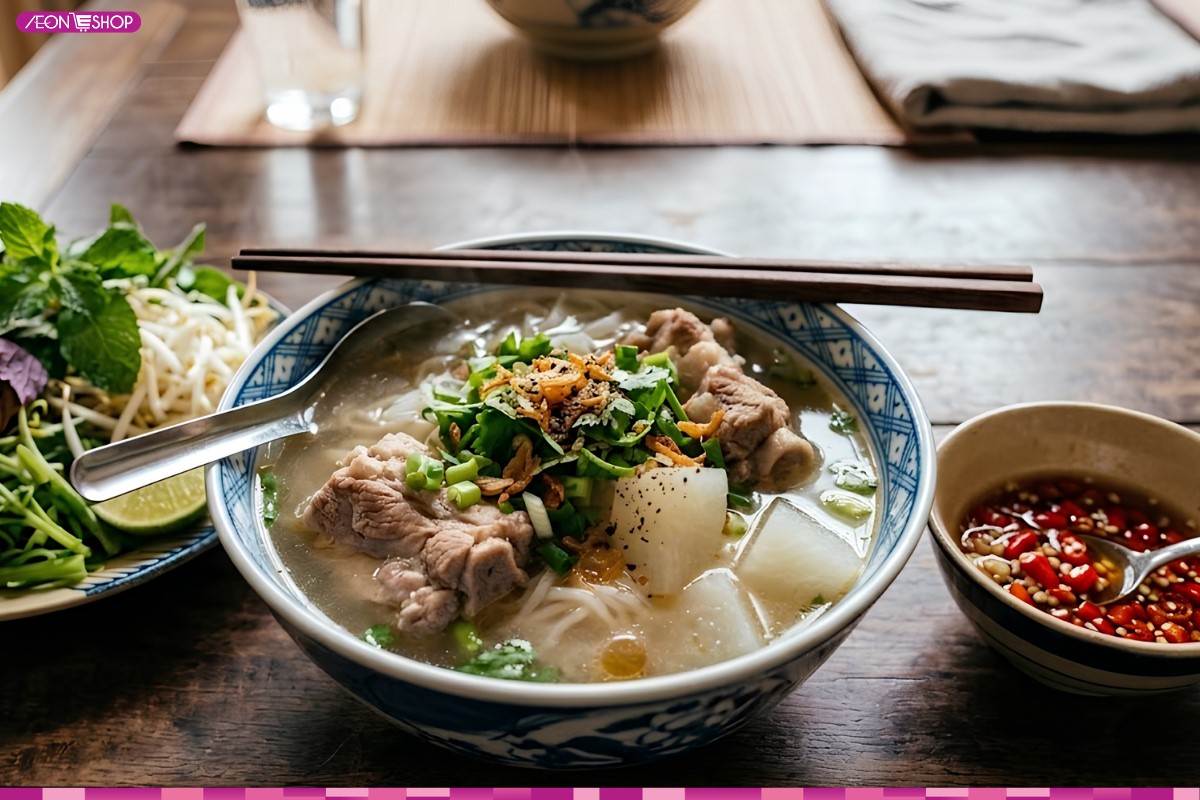 Trình bày và thưởng thức tô bún xương heo nóng hổi