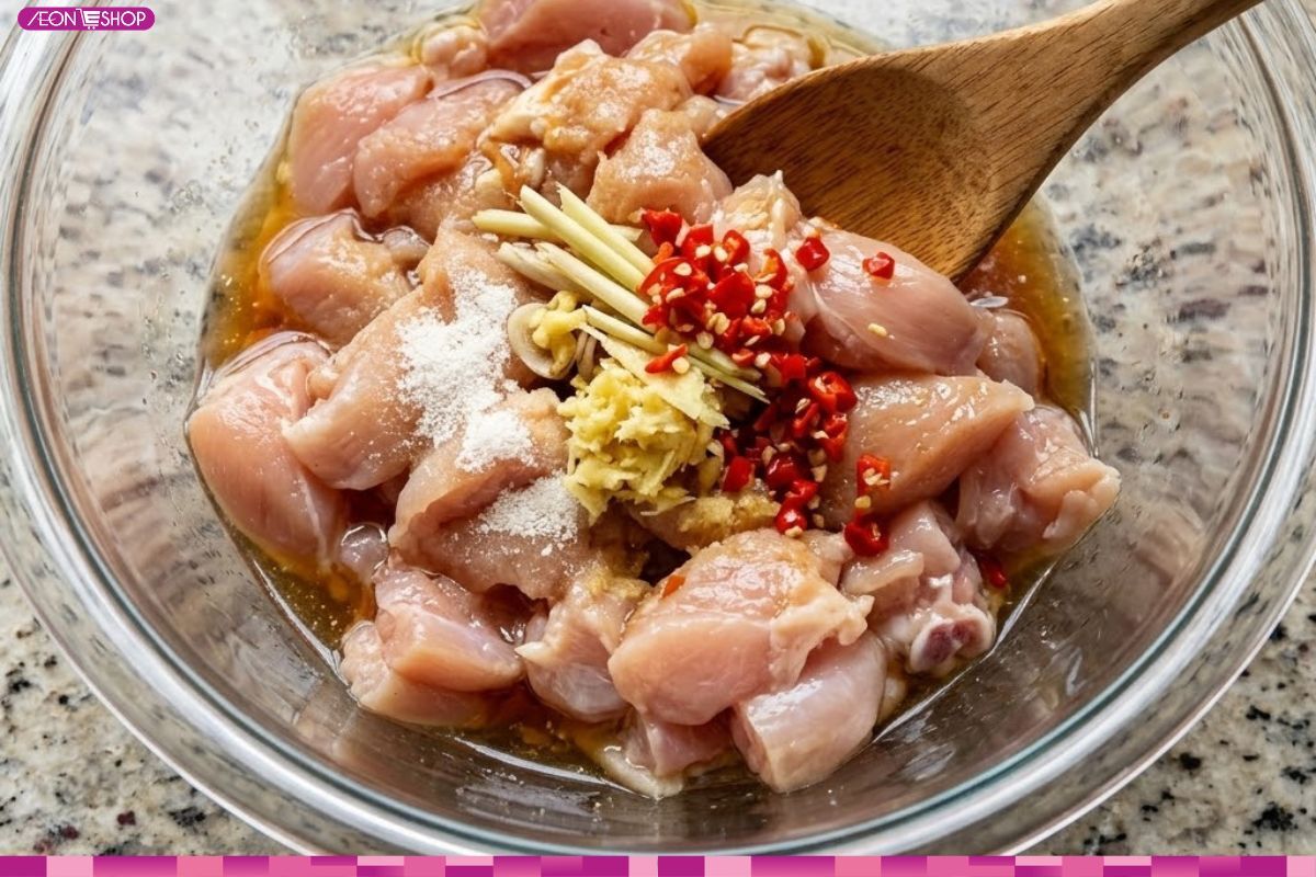 Ướp thịt gà cùng bột nghệ để tạo màu vàng đặc trưng