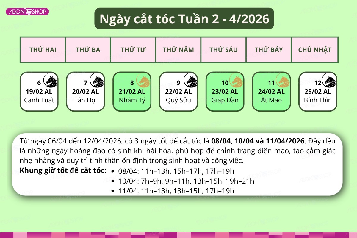 Lịch cắt tóc tuần 2 tháng 4/2026