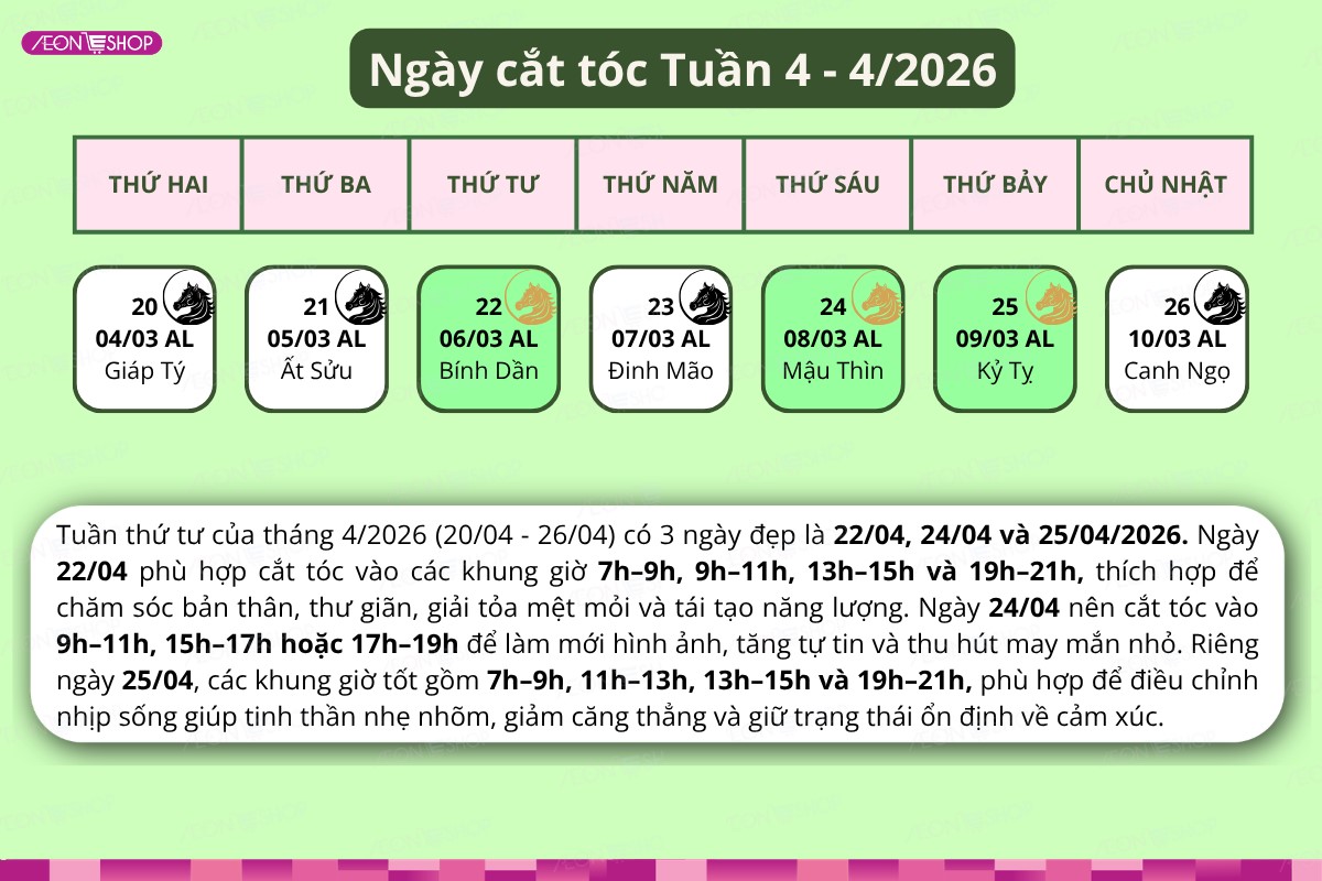 Lịch cắt tóc tuần 4 tháng 4/2026