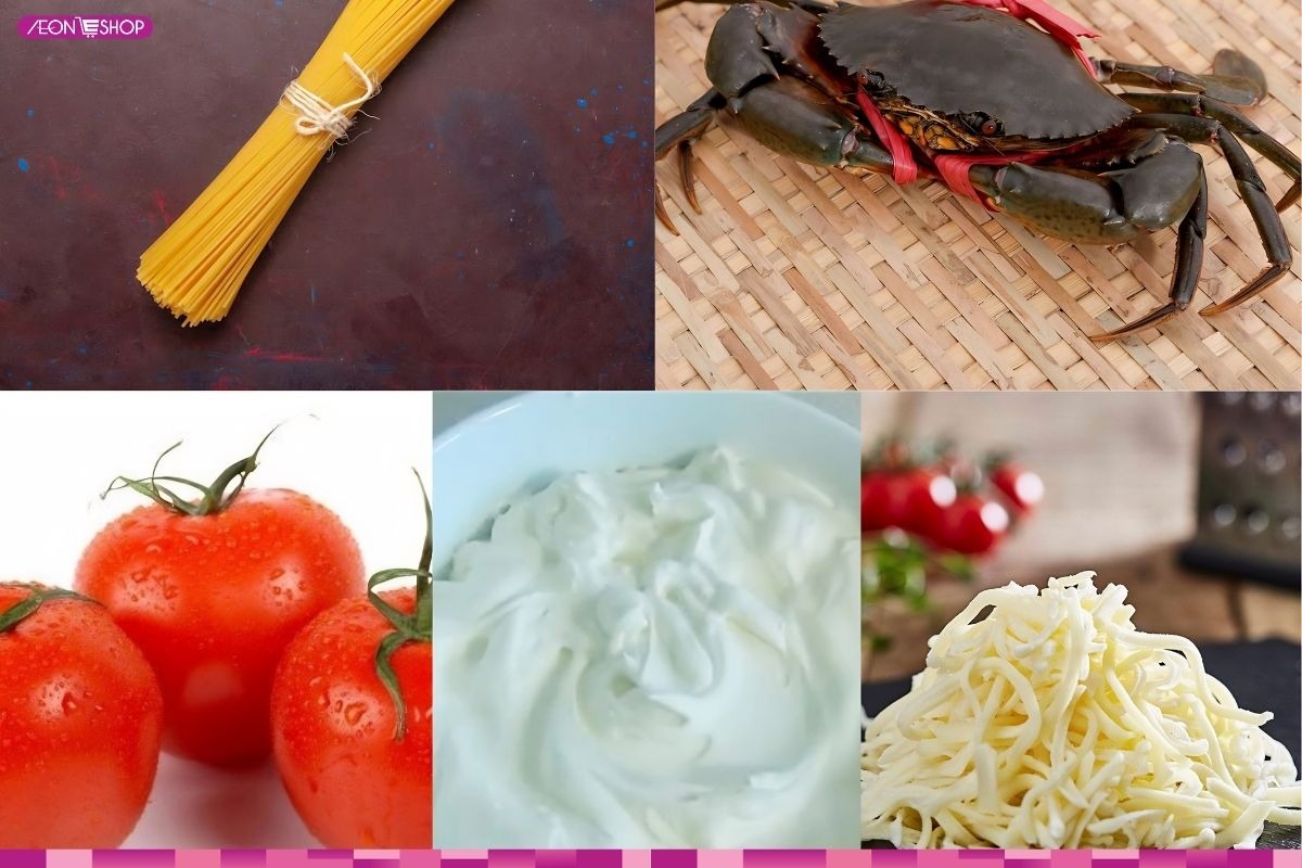 Các nguyên liệu làm món mì cua sốt kem