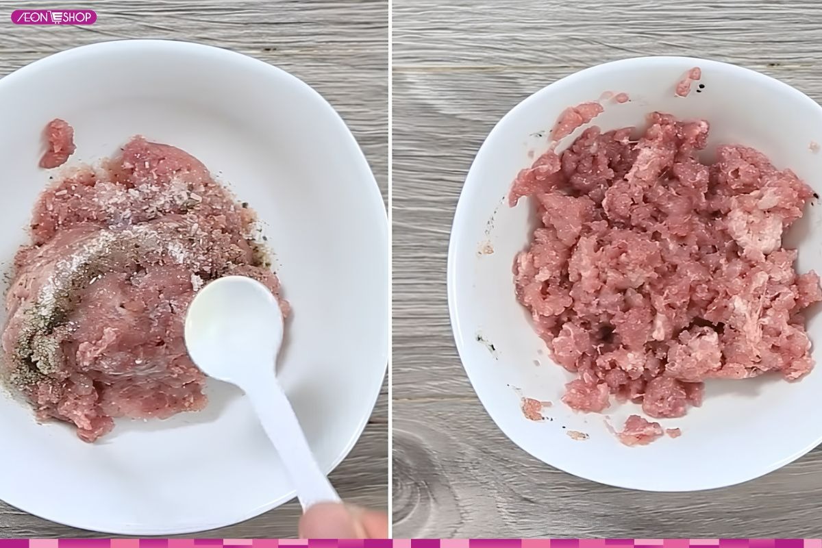Ướp thịt heo xay để làm nhân bánh hoành thánh