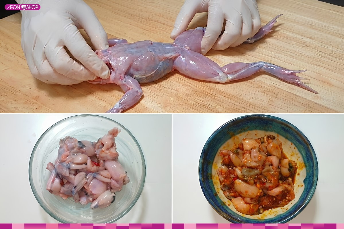 Sơ chế và ướp thịt ếch trước khi nấu nước nhân