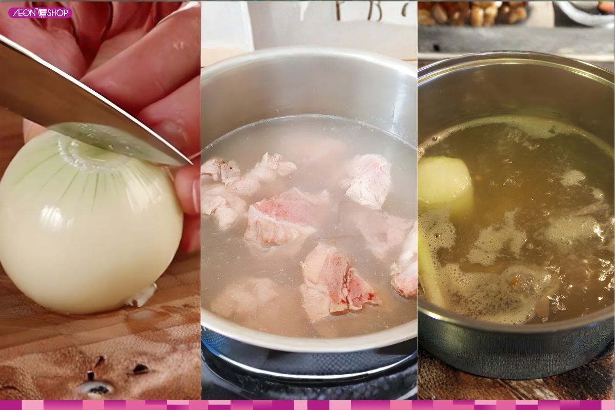 Sơ chế xương và các nguyên liệu khác để nấu nước nhân mì Quảng ếch