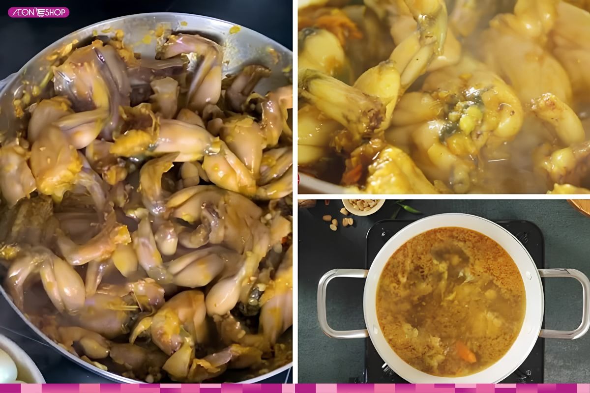 Nấu nước nhân mì Quảng ếch từ nước hầm xương