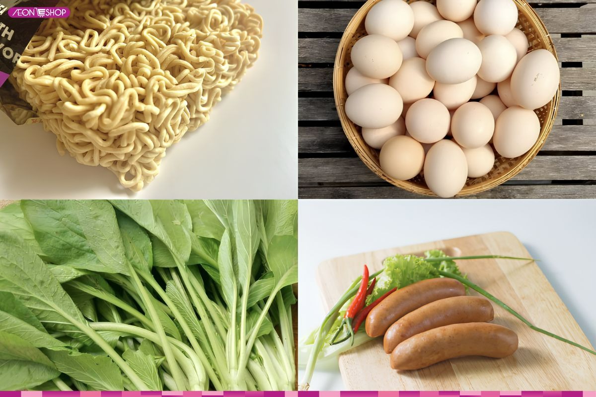 Nguyên liệu làm món mì xào trứng xúc xích