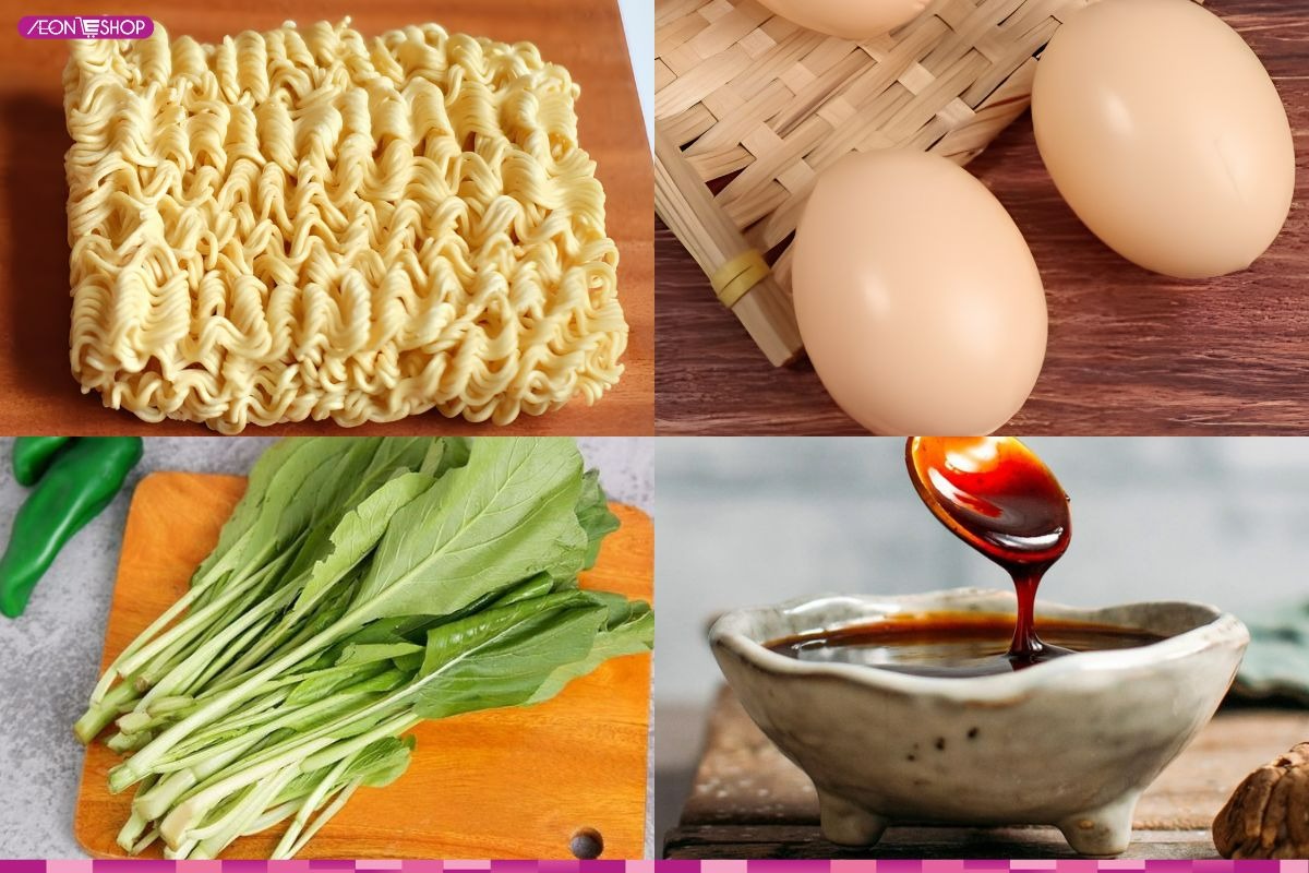 Các nguyên liệu làm món mì xào trứng rau cải
