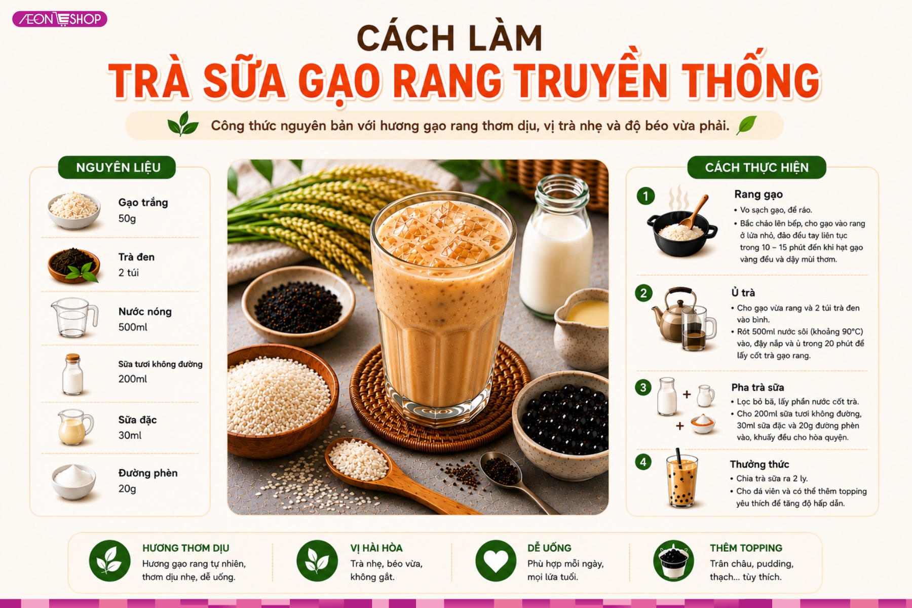 Cách làm trà sữa gạo rang truyền thống thơm ngon