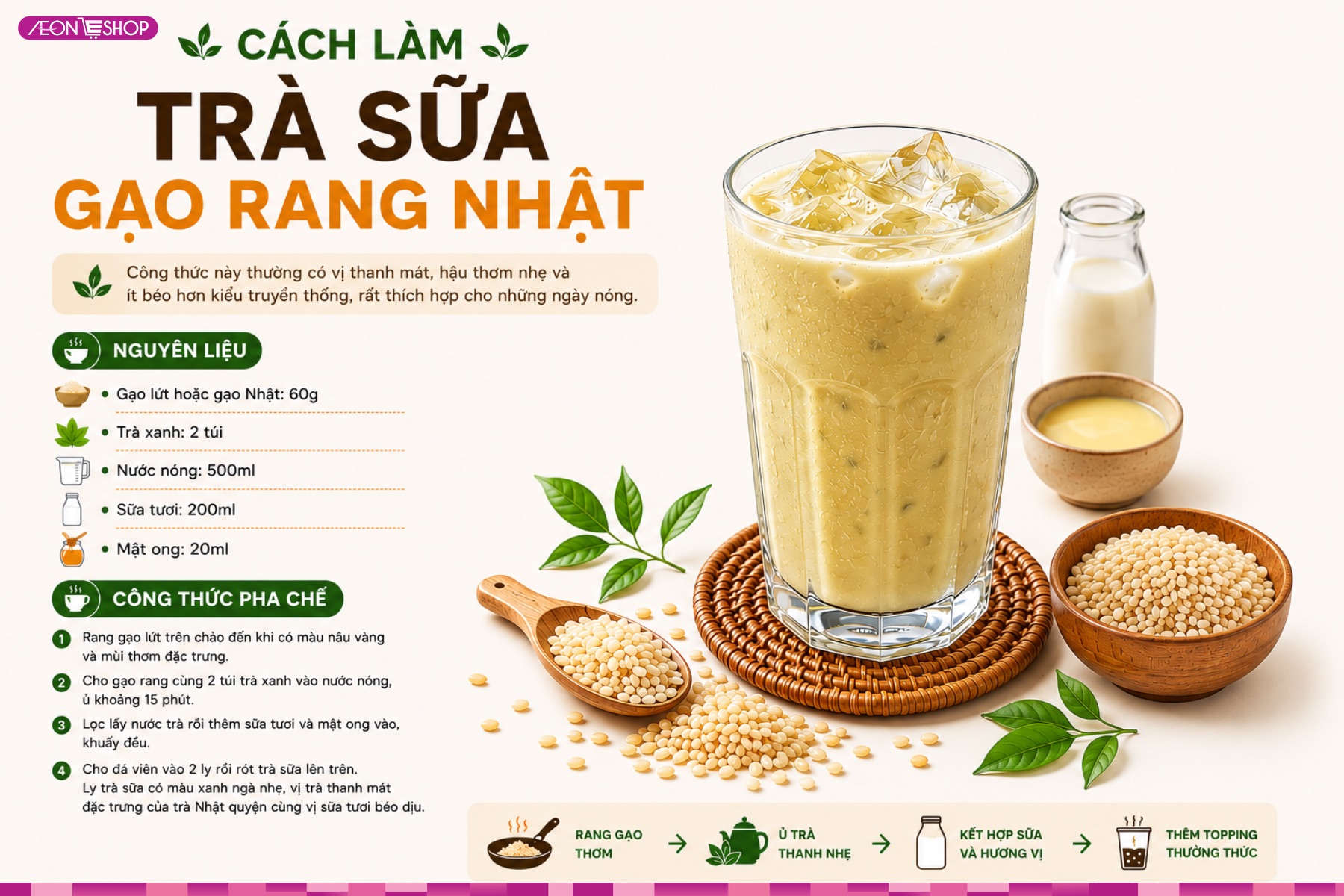 Cách làm trà sữa gạo rang Nhật vị thanh mát và ít béo