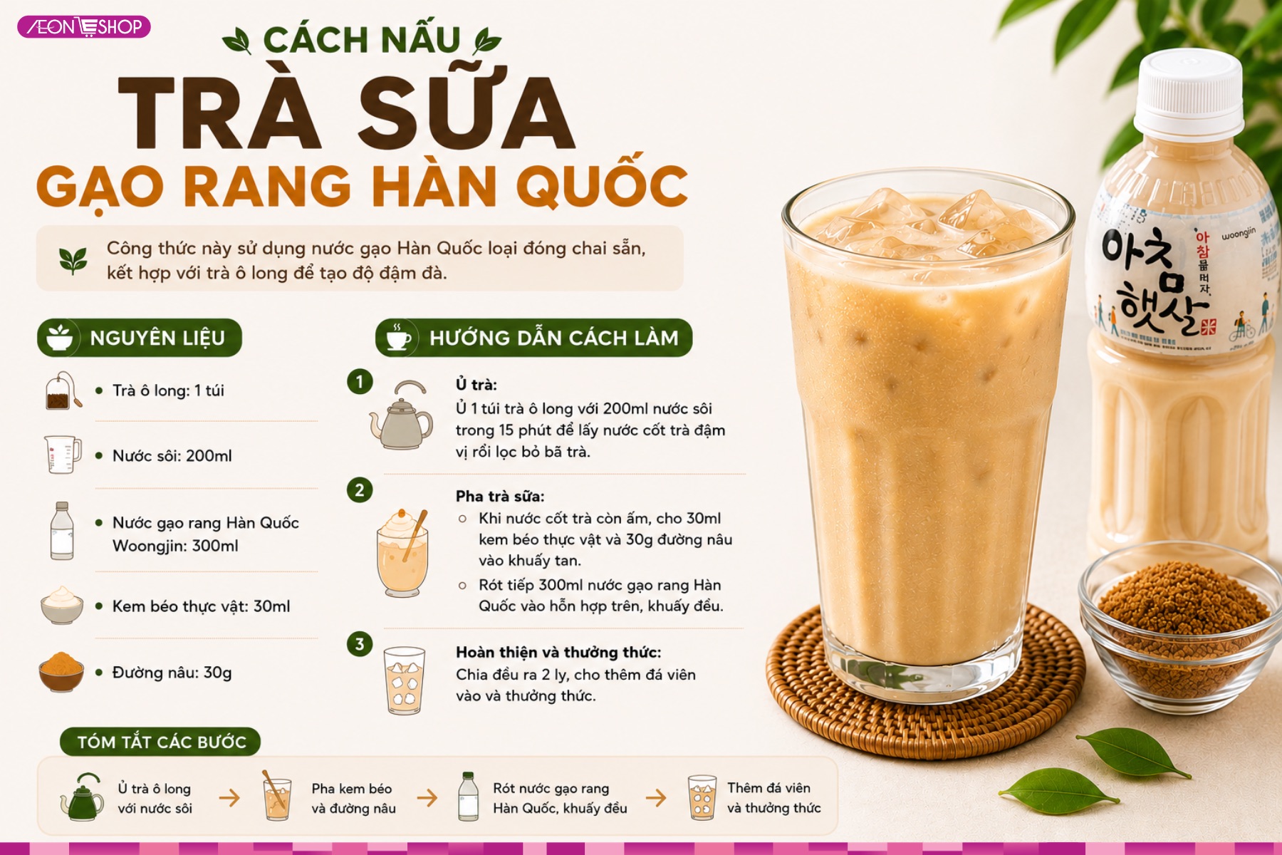 Cách làm trà sữa với nước gạo rang Hàn Quốc đơn giản tại nhà