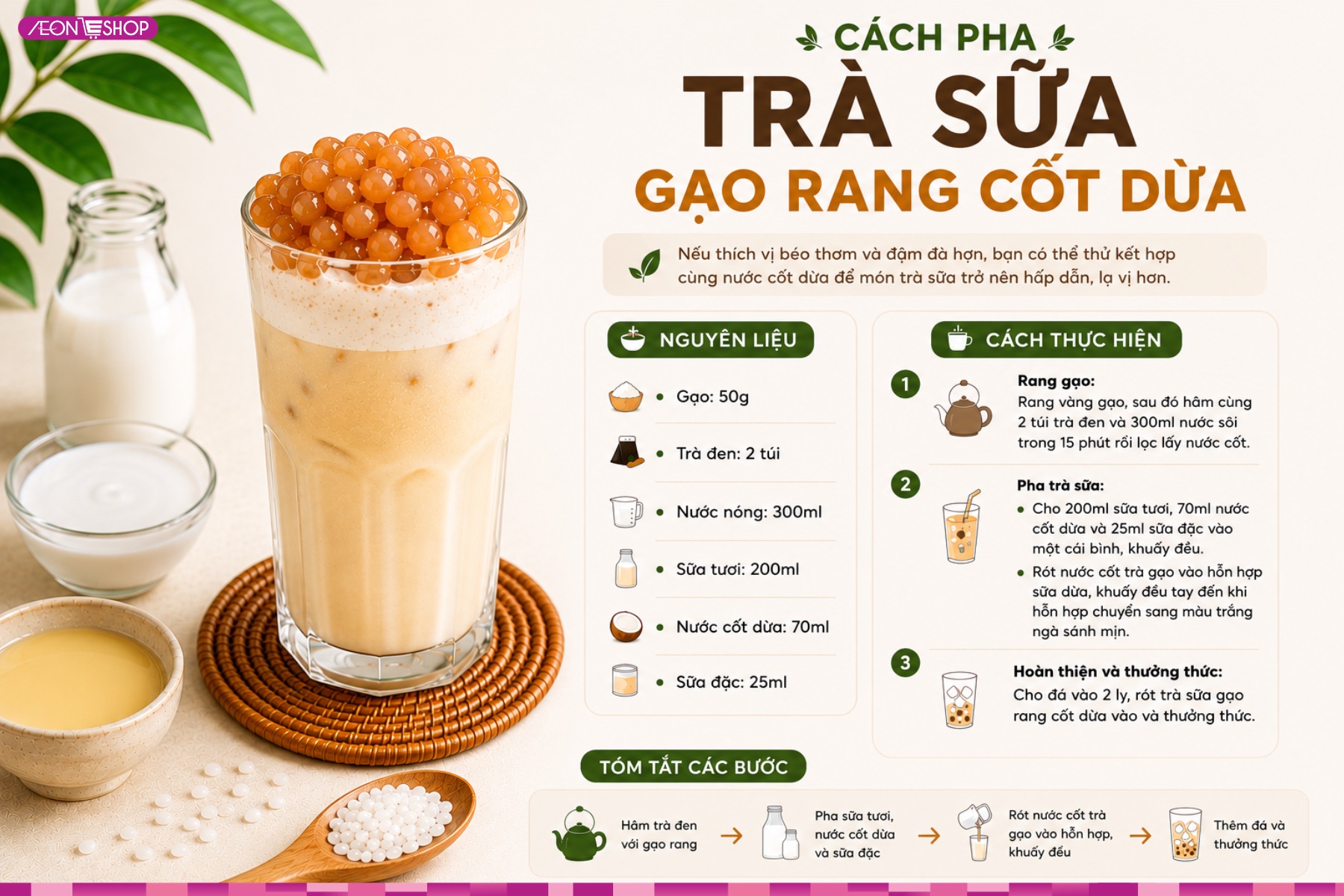 Cách làm trà sữa gạo rang nước cốt dừa béo ngậy