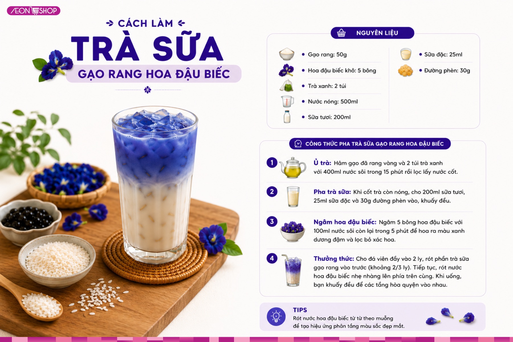 Công thức làm trà sữa gạo rang hoa đậu biếc thơm ngon
