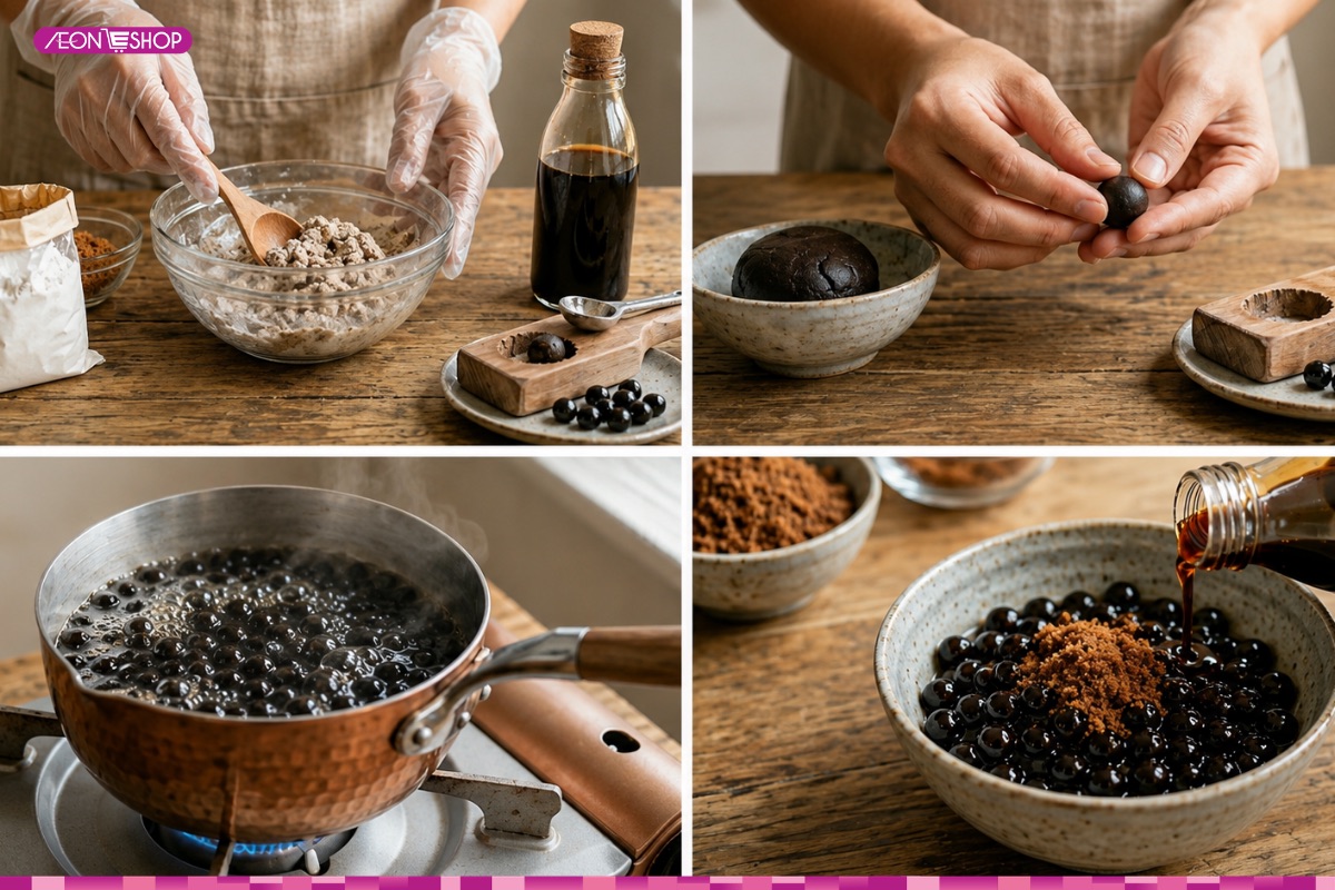 Các bước nấu trân châu đen để pha trà sữa than tre