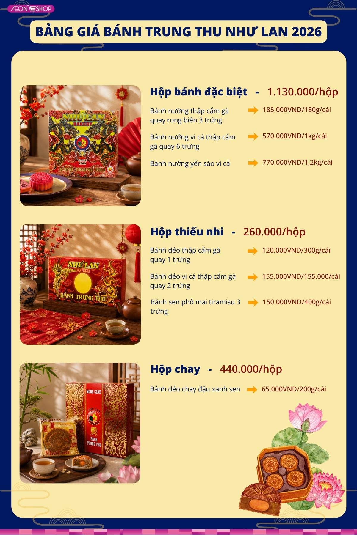 Bảng giá bánh trung thu Như Lan 2026