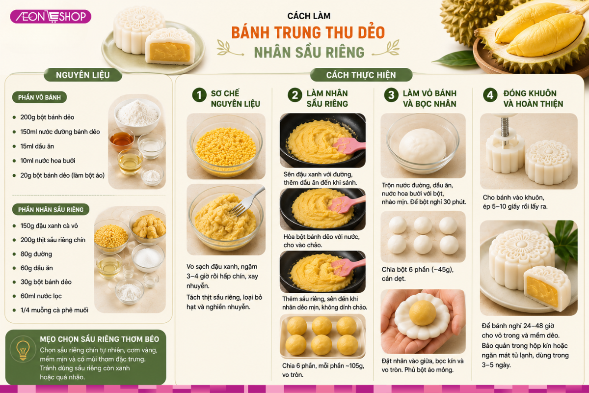 Cách làm bánh trung thu dẻo nhân sầu riêng thơm béo