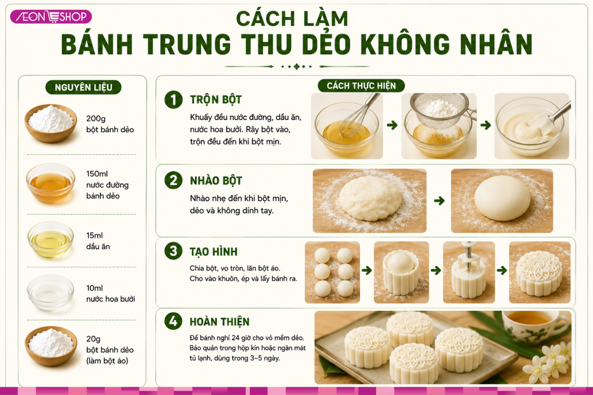 ác bước đơn giản làm bánh trung thu không nhân mềm dẻo