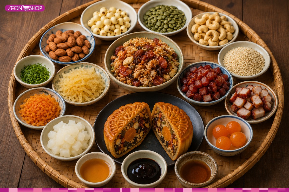 Nhân bánh trung thu thập cẩm gồm đa dạng các nguyên liệu mặn và ngọt