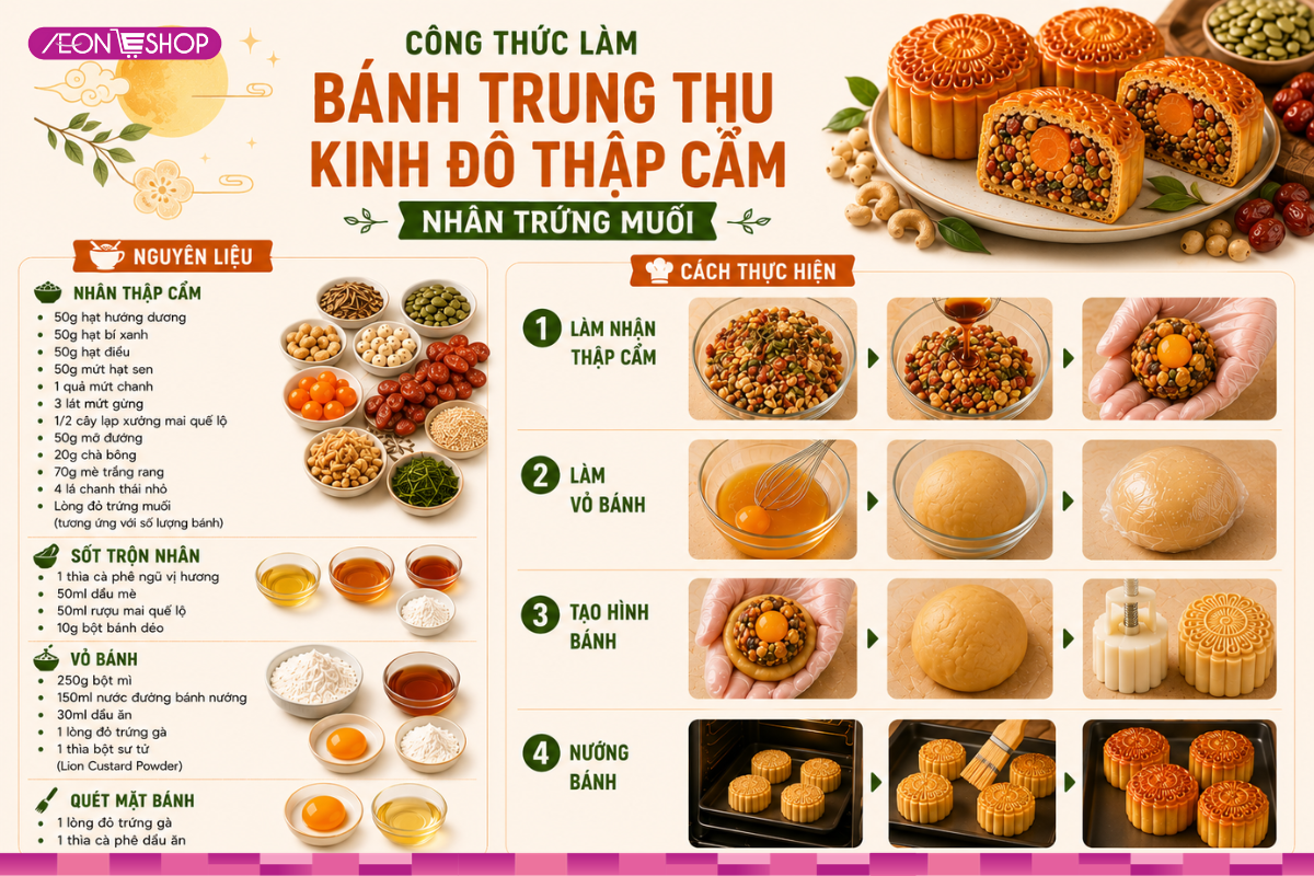 Công thức làm bánh trung thu thập cẩm nhân trứng muối thơm béo, hấp dẫn