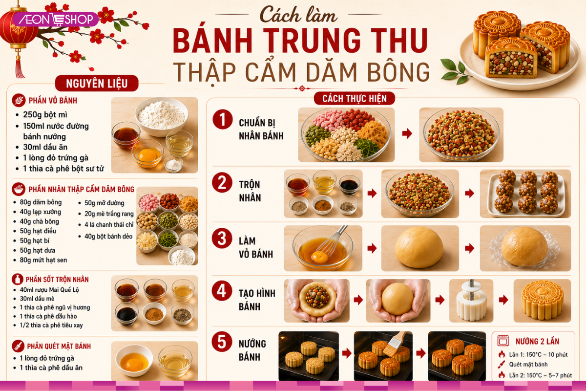 Bánh trung thu thập cẩm dăm bông với nguyên liệu và hướng dẫn từng bước