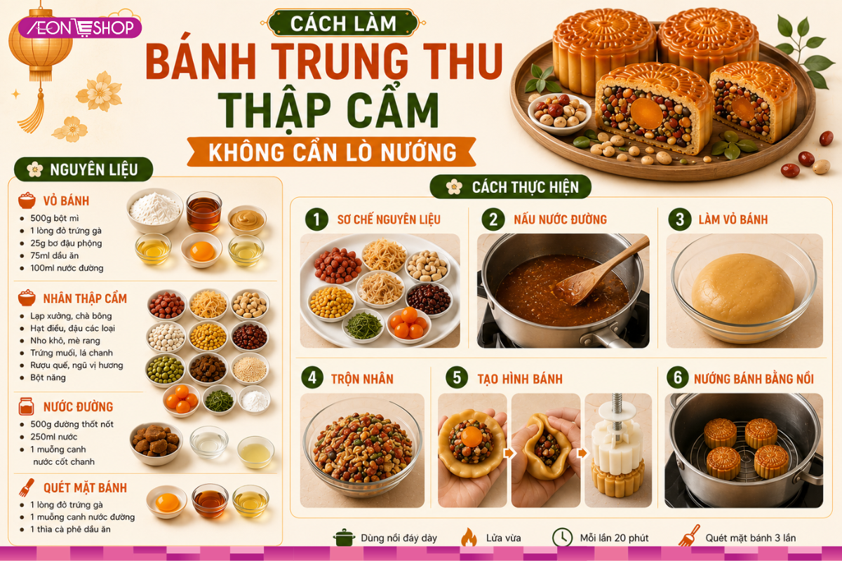 Cách làm bánh trung thu thập cẩm không cần lò nướng đơn giản, dễ làm