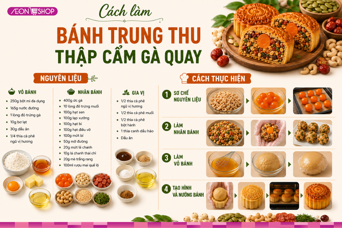 Công thức bánh trung thu thập cẩm vị gà quay đậm đà, thơm béo