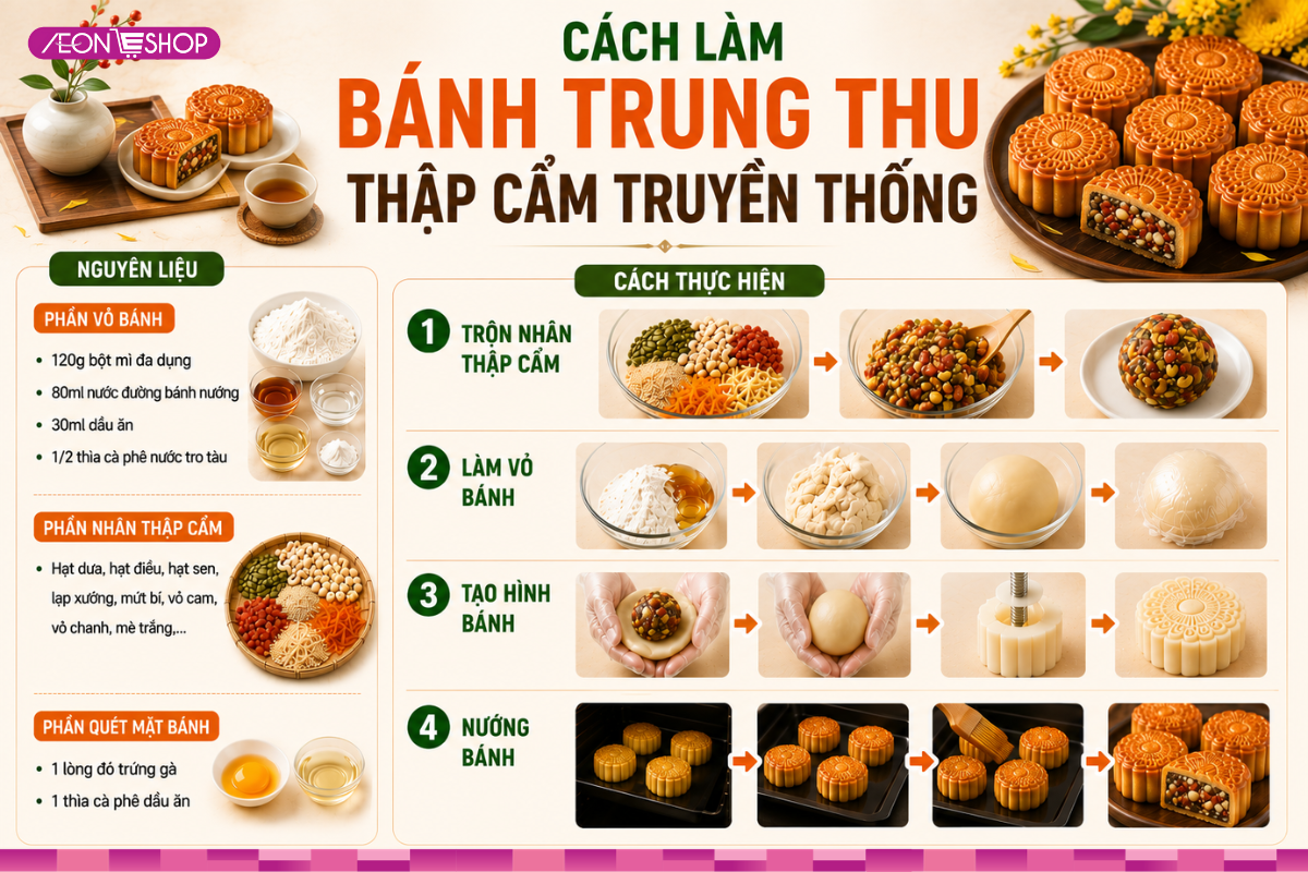 Các bước làm bánh trung thu thập cẩm truyền thống chuẩn vị tại nhà