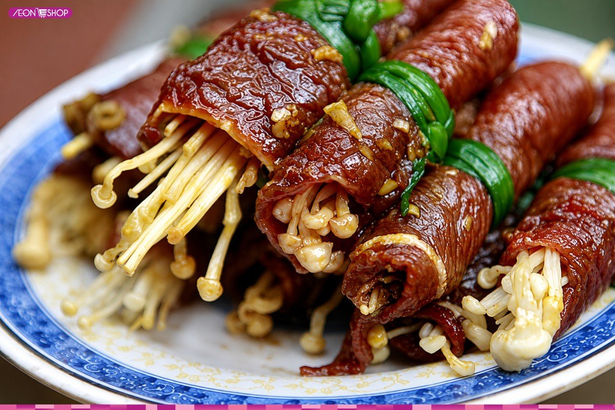 Ba chỉ bò cuộn nấm nướng bắt mắt