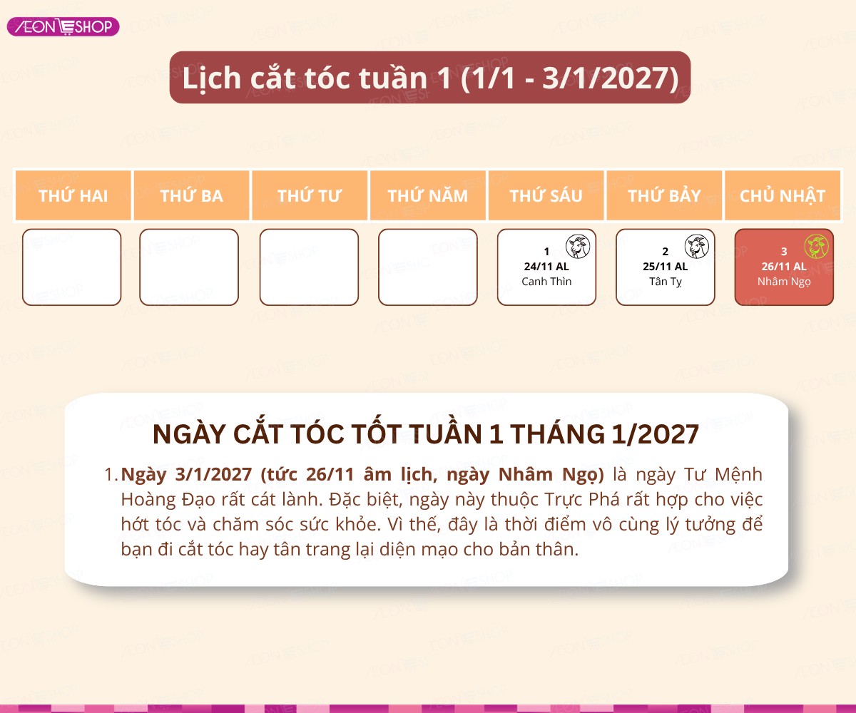 Lịch cắt tóc tuần 1 tháng 1/2027 từ ngày 1/1 đến 3/1