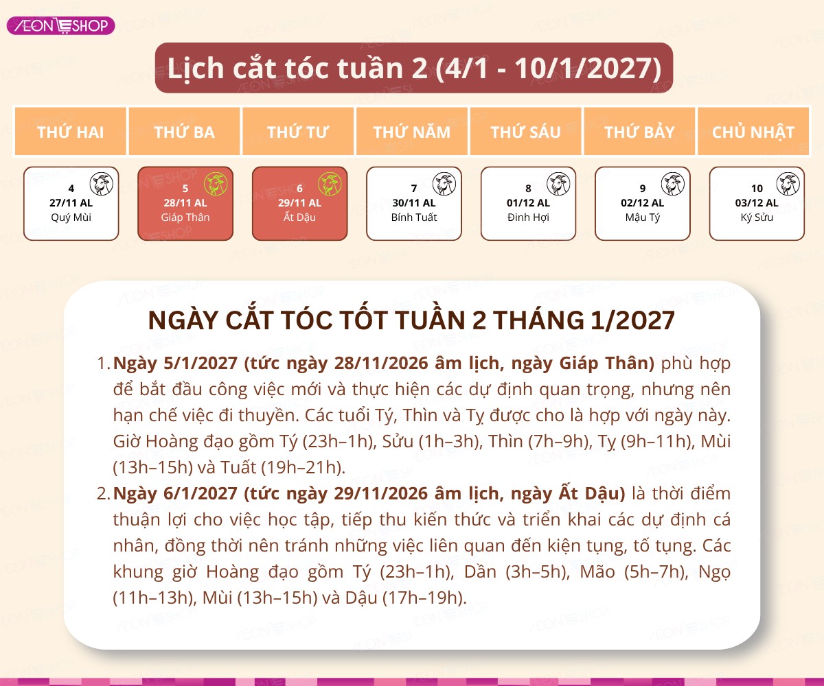 Lịch cắt tóc tuần 2 tháng 1/2027 từ ngày 4/1 đến 10/1