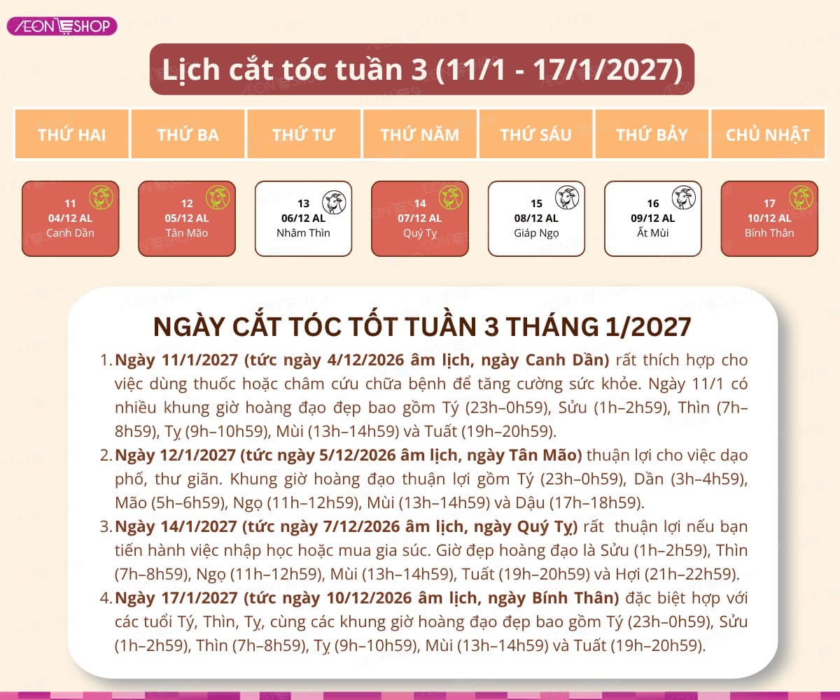 Lịch cắt tóc tuần 3 tháng 1/2027 từ ngày 11/1 đến 17/1