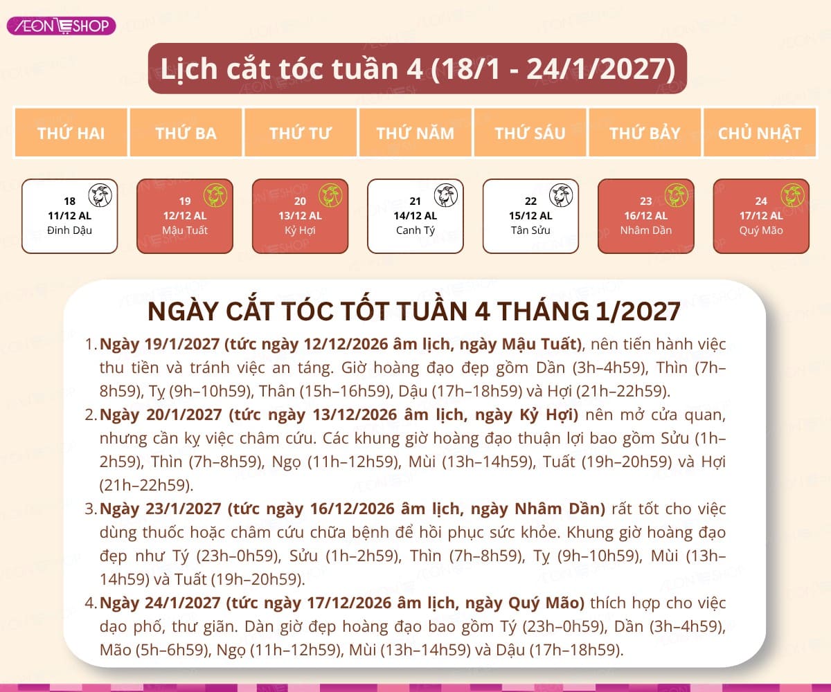 Lịch cắt tóc tuần 4 tháng 1/2027 từ ngày 18/1 đến 24/1