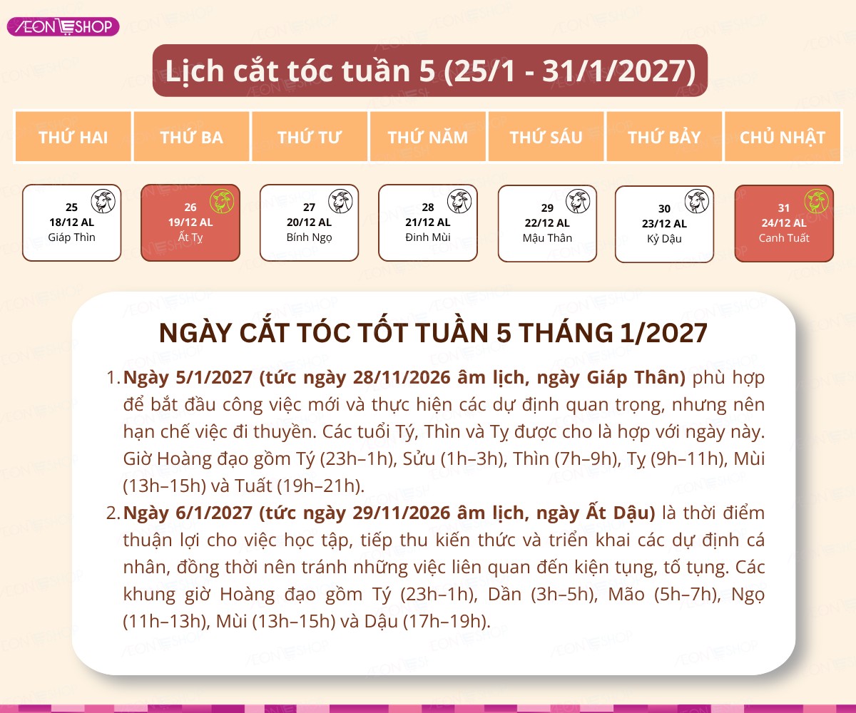 Lịch cắt tóc tuần 5 tháng 1/2027 từ ngày 25/1 đến 31/1