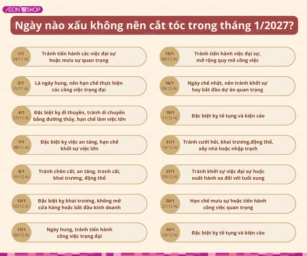 Những ngày xấu không nên cắt tóc tháng 1/2027