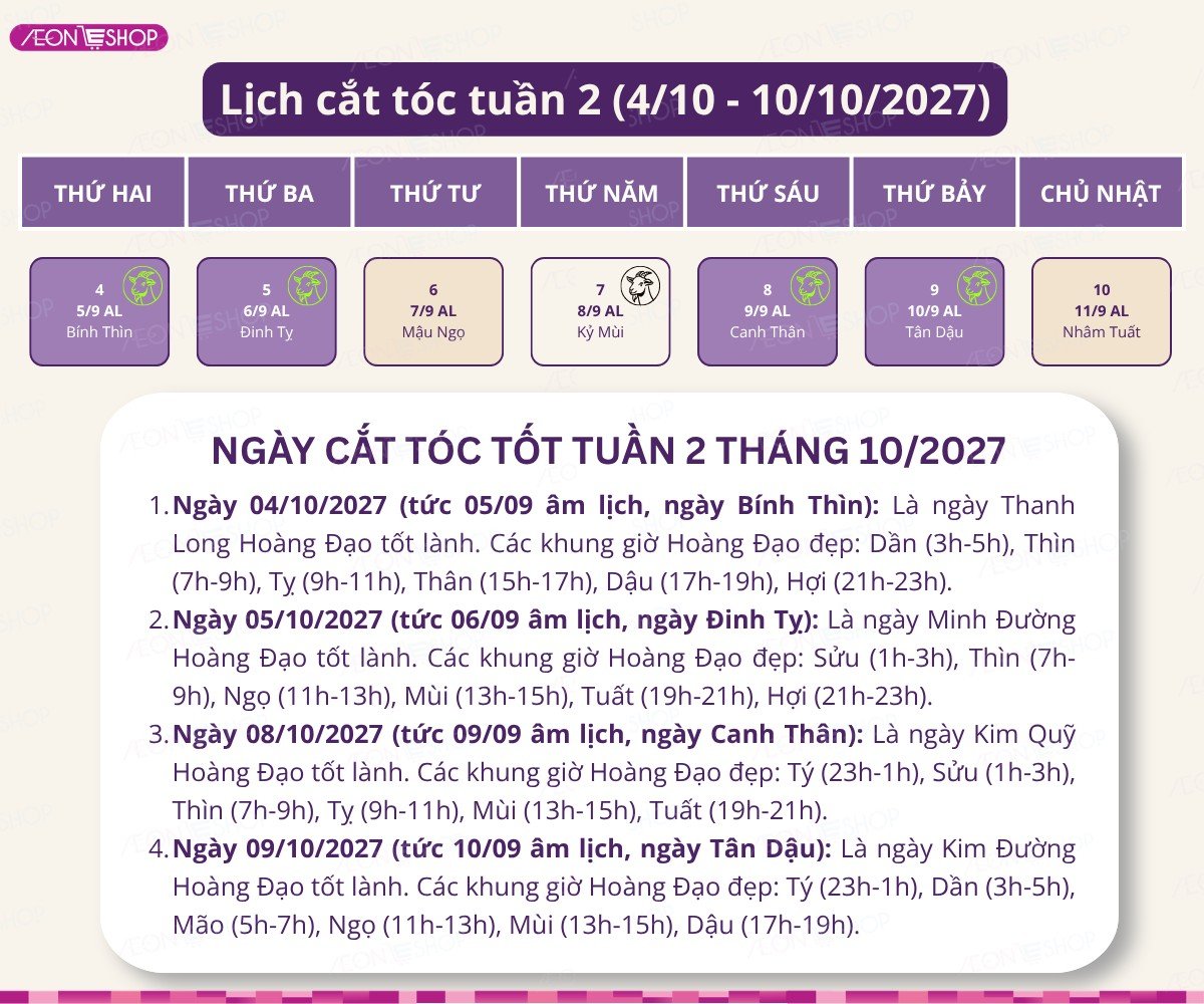Lịch cắt tóc tuần 2 tháng 10/2027