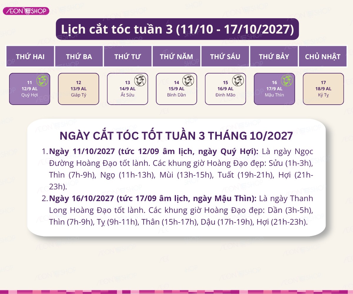 Lịch cắt tóc tuần 3 tháng 10/2027