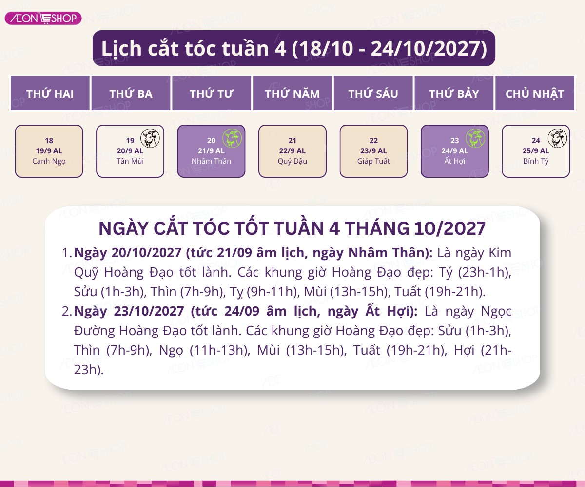 Lịch cắt tóc tuần 4 tháng 10/2027