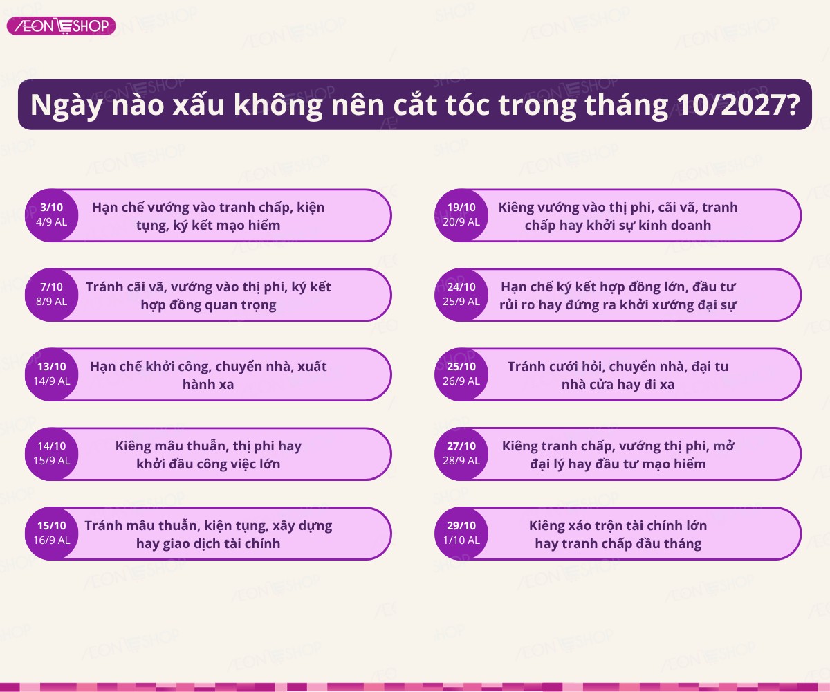 Những ngày xấu không nên cắt tóc trong tháng 10/2027